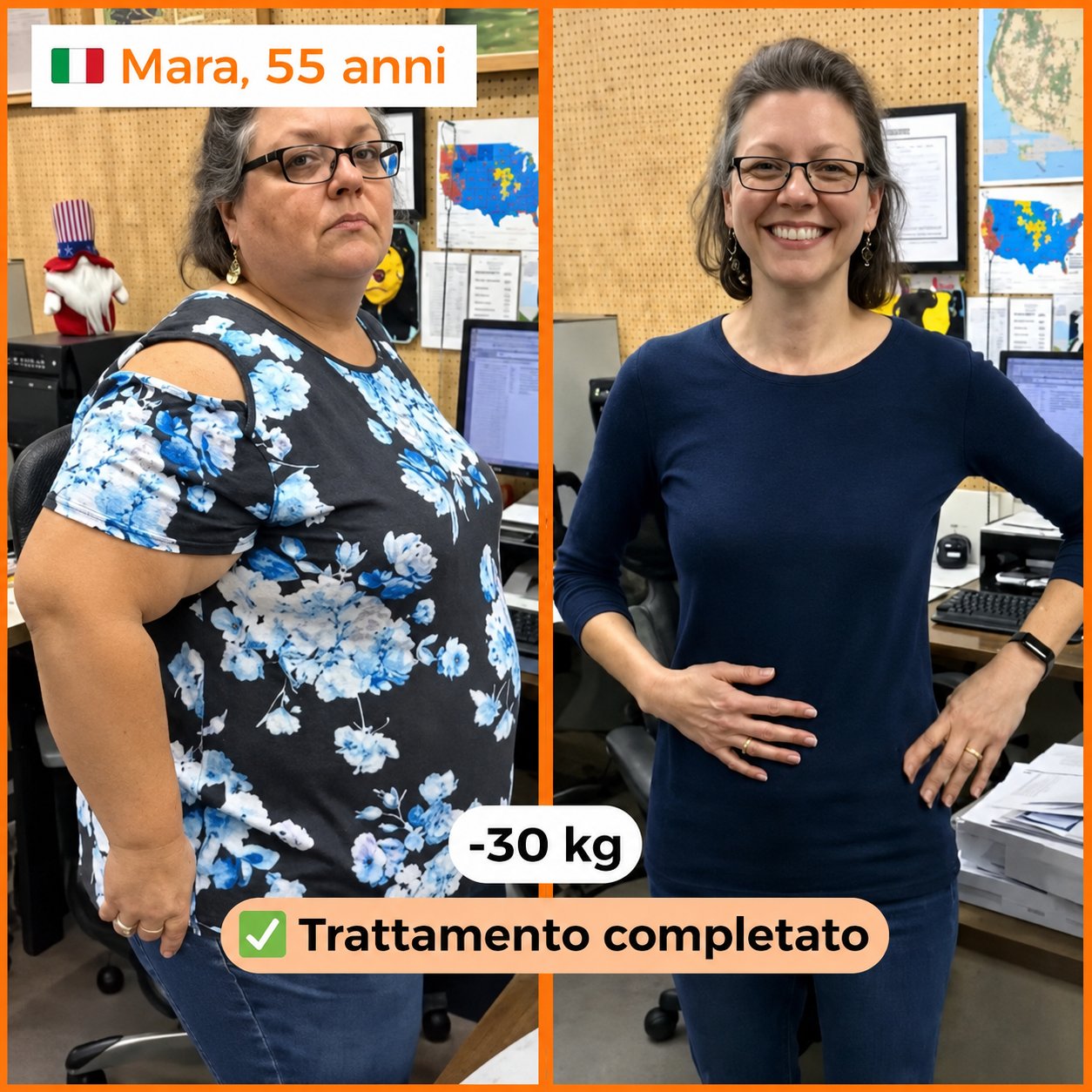 Mara, 55 anni di Milano — prima e dopo Élanor Shape, risultato meno 30 kg
